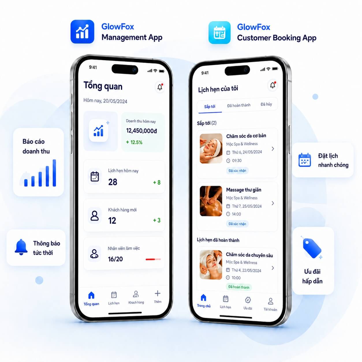 GlowFox Management App và Customer Booking App trên điện thoại