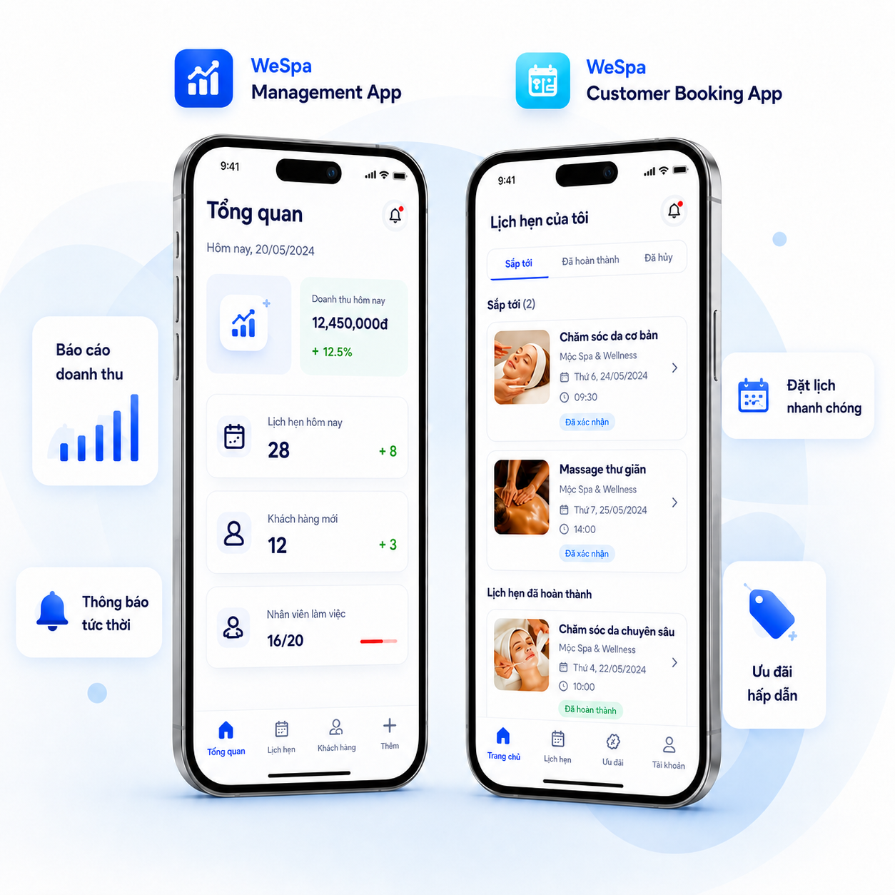 WeSpa Management App và Customer Booking App trên điện thoại